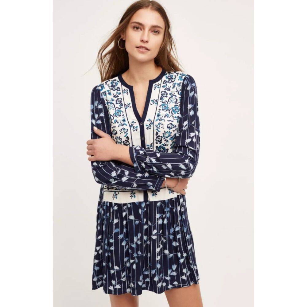 Tiny by Anthropologie Navy Floral Ikat Embroidered Bib Dress Long Sleeve Size XS